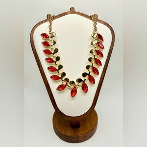 Gold Tone Red Glass Statement Bib Necklace Leaf Design